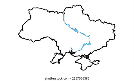Vector illustration of a simplifyed map of Ukraine made with black line, containing biggest river and capital city mark