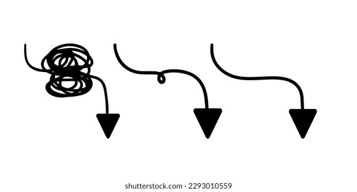 Vector illustration of simplifying the complex way. Three types of streamlining process, hand drawn straight and curve lines