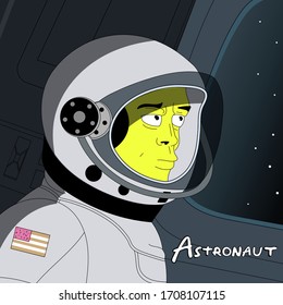 Vector illustration simpons cartoon style cosmonaut in a helmet inside a spaseship