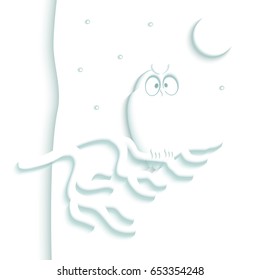 Vector illustration of a simulation 3d sculpture. White owl sitting on a tree branch against the night star sky and luna. Embossed picture for decorative greeting card or flyer