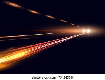 Vector illustration of simulation of night traffic long exposure. High speed lights on black background