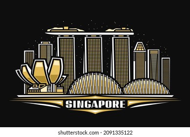 Vector illustration of Singapore, dark horizontal poster with linear design singapore city scape on dusk sky background, asian urban line art concept with decorative lettering for white word singapore