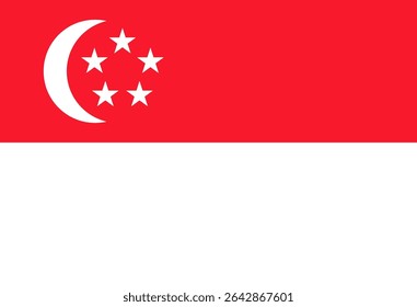 Vector illustration of Singapore flag with red upper half featuring crescent moon and five white stars.
