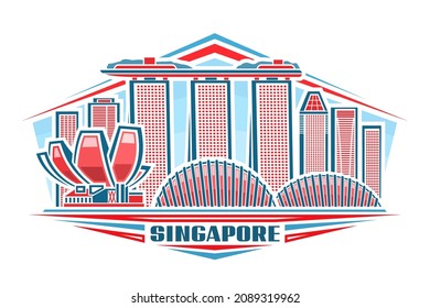 Vector illustration of Singapore, horizontal logo with linear design singapore city scape on day sky background, asian urban line art concept with decorative lettering for blue word singapore on white