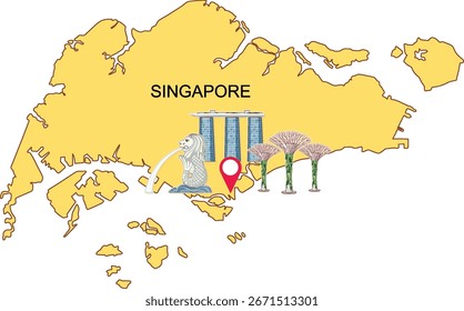 Vector illustration of Singapore map highlighting iconic landmarks with vibrant colors and clean lines