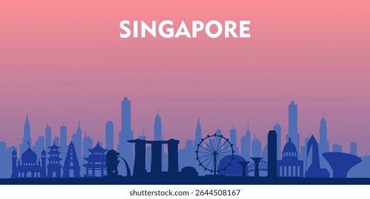 Ilustração vetorial da silhueta do horizonte de Singapura com marcos icônicos como Marina Bay Sands, Merlion, Singapore Flyer e arranha-céus modernos. Adequado para folhetos de viagem, banners web, cartaz