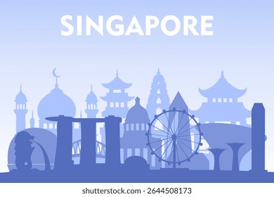 Vector illustration of Singapore skyline silhouette with iconic landmarks such as Marina Bay Sands, Merlion, Singapore Flyer, and modern skyscrapers. Suitable for travel brochures, web banners, poster
