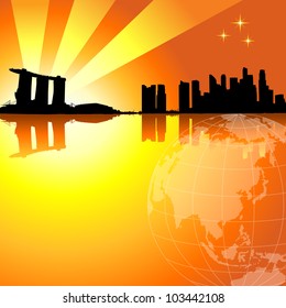 Vector illustration of Singapore skyline in sunset background.