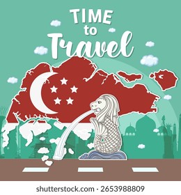 Vector illustration of Singapore's Merlion with a map backdrop. Features vibrant colors and travel theme elements
