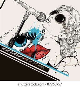 vector illustration of a singer , abstract lips and blue eye