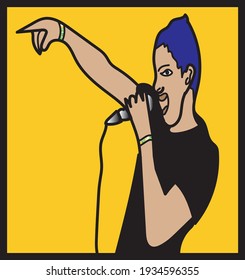 Vector illustration, singer with blue hair, black t-shirt and microphone in hand, in yellow background.