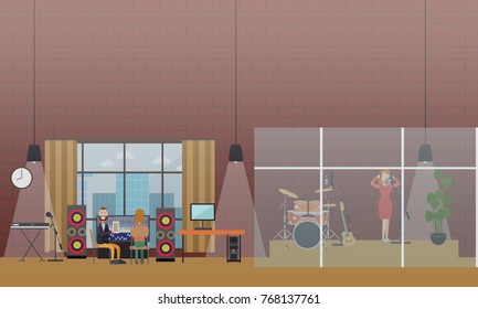 Vector illustration of singer female in headphones singing in the microphone at radio studio. Voice recording for radio broadcast flat style design elements.