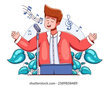 Vector illustration of a singer singing passionately into a microphone. The singer wears a red jacket and white shirt and stands behind a microphone with outstretched arms.