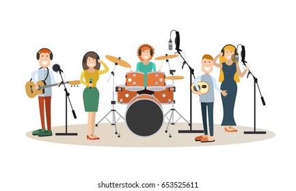 Vector illustration of singers, instrumental musicians recording tracks at recording studio or radio studio. People in headphones flat style design elements, icons isolated on white background.