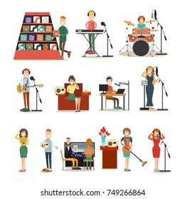Vector illustration of singers, instrumental musicians recording tracks at recording studio or radio studio. Radio people symbols, icons isolated on white background. Flat style design.