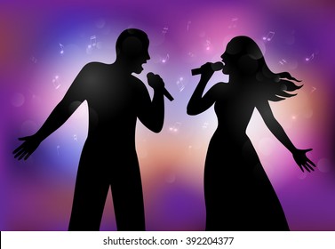 Vector illustration of   singers with a microphone on the stage.