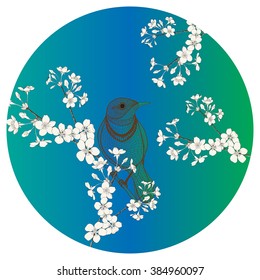 Vector illustration. Singing bird cherry in color. Line drawing.