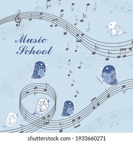Vector illustration of singing birds and musical elements. Music school lettering.