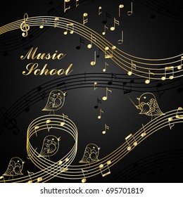 Dibujo vectorial de canto de pájaros y elementos musicales. Letras de la escuela de música.