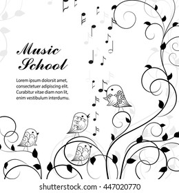 Vector illustration of singing birds on branch in black and white style.
