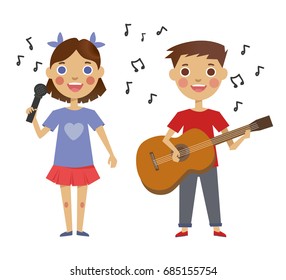 Vector illustration with singing children. Talented children, hobbies, songs, music, guitar, musical instruments, school, show.