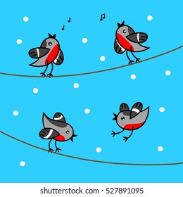 Vector illustration with singing and fervent bullfinches.