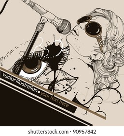 vector illustration of a singing girl and abstract lips and eye