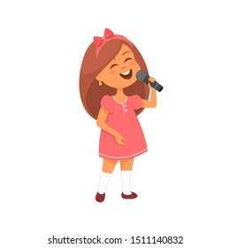 Vector illustration of singing girl in pink dress on white background