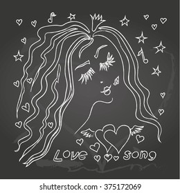 Vector illustration with singing lady on chalkboard, template