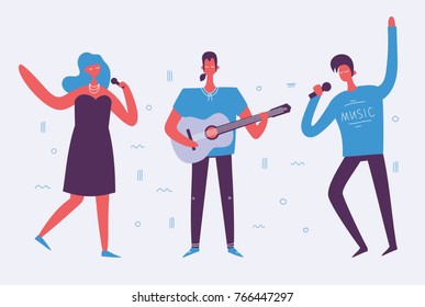 Vector illustration of singing and playing guitar characters in  flat design