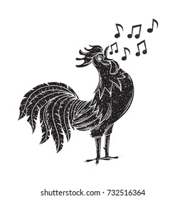 Vector illustration with singing rooster. Black Bird sings a song. Hand drawn grunge style.