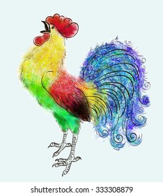 vector illustration singing rooster painted colors
