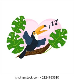 Vector illustration of a singing toucan. Tropical bird on a branch in monstera thickets. Cute character in cartoon style