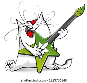 Vector Illustration Of A Singing White Cat Rock Star With A Guitar White Background