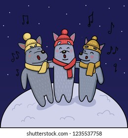 vector illustration of Singing wolves in hats and scarves winter picture