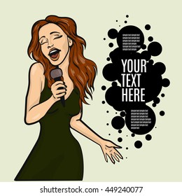 vector illustration of a singing  woman . karaoke party . copy space