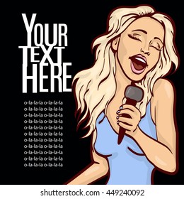 vector illustration of a singing  woman . karaoke party . copy space