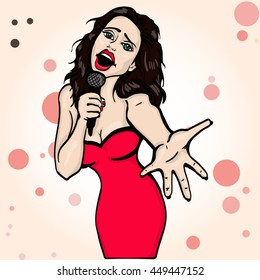 vector illustration of a singing  woman . karaoke party . copy space