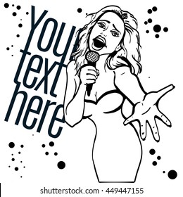 vector illustration of a singing  woman . karaoke party . copy space