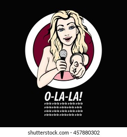 vector illustration of a singing  woman . karaoke party . copy space logo template