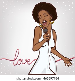 vector illustration of a singing  woman . karaoke party . copy space
