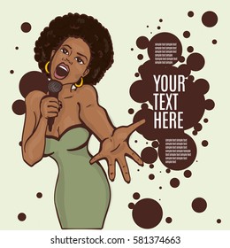 vector illustration of a singing  woman . karaoke party . copy space