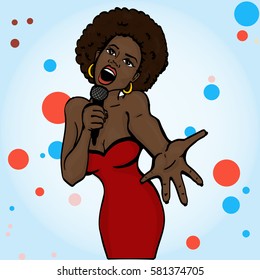 vector illustration of a singing  woman . karaoke party . copy space