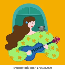 Vector illustration of a singing woman in the window at home playing the guitar. Dress with flowers. Hairpin in wavy hair. Hobbies at home, leisure. Girl. Quarantined classes. Vulture of a guitar. Cat