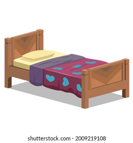 vector illustration of single bed with purple blanket with blue heart pattern.furniture.interior.