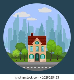 Vector illustration of single beige house in Cityscape