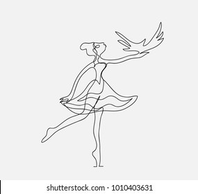 Vector illustration of a single black line on a white background isolate. Girl ballerina dances and holds a bird in her hand