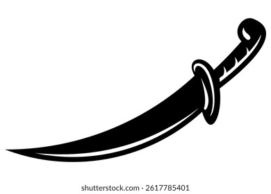 Vector Illustration of Single Black Saber Silhouette, Curved Medieval or Pirate Sword Icon Isolated on White Background, Perfect for Game or Story Elements