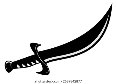 Vector Illustration of Single Black Saber Silhouette, Curved Medieval or Pirate Sword Icon Isolated on White Background, Perfect for Game or Story Elements