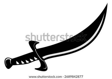 Vector Illustration of Single Black Saber Silhouette, Curved Medieval or Pirate Sword Icon Isolated on White Background, Perfect for Game or Story Elements